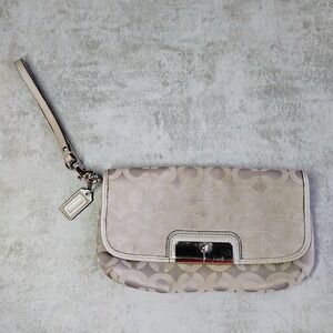 Coach Wristlet Kristin Beige Signature Canvas Beige Leather Trim Small Bag